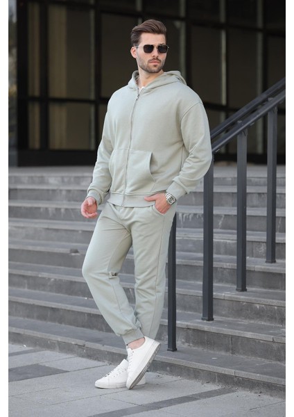 Mint Yeşili Kapüşonlu Fermuarlı Basic Erkek Eşofman Takımı E7331 modelleri