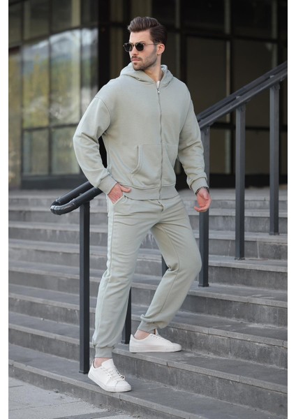 Mint Yeşili Kapüşonlu Fermuarlı Basic Erkek Eşofman Takımı E7331 fırsatları