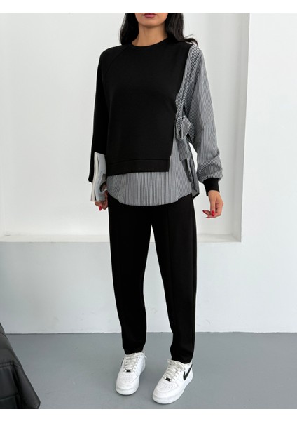 Kadın Çizgili Gömlek Detaylı Yandan Bağlamalı Uzun Kol Boru Paça Alt Üst Modal Takım