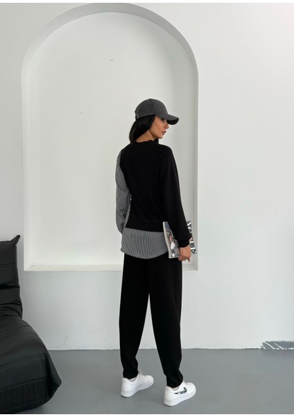 Kadın Çizgili Gömlek Detaylı Yandan Bağlamalı Uzun Kol Boru Paça Alt Üst Modal Takım fiyatları