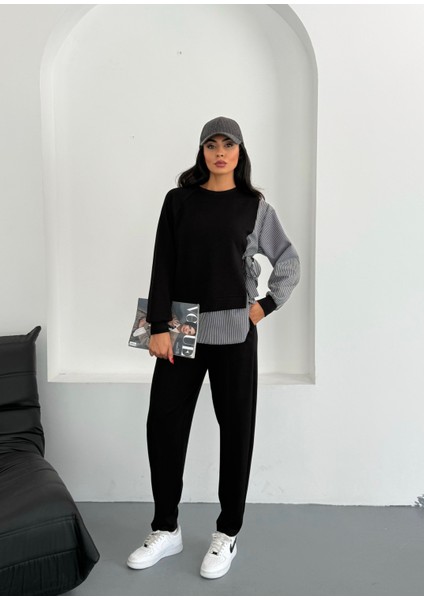 Kadın Çizgili Gömlek Detaylı Yandan Bağlamalı Uzun Kol Boru Paça Alt Üst Modal Takım modelleri