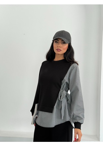 Kadın Çizgili Gömlek Detaylı Yandan Bağlamalı Uzun Kol Boru Paça Alt Üst Modal Takım fırsatları