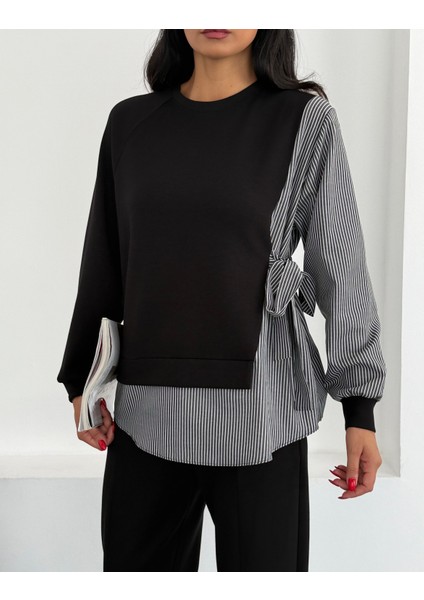 Kadın Çizgili Gömlek Detaylı Yandan Bağlamalı Uzun Kol Boru Paça Alt Üst Modal Takım indirimleri