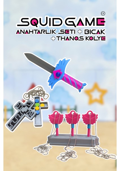 Squid Game 3.sezon - Bıçak Figürü - Anahtarlık Seti - Thanos Kolye - Zincirli Tasarım Oyun Seti