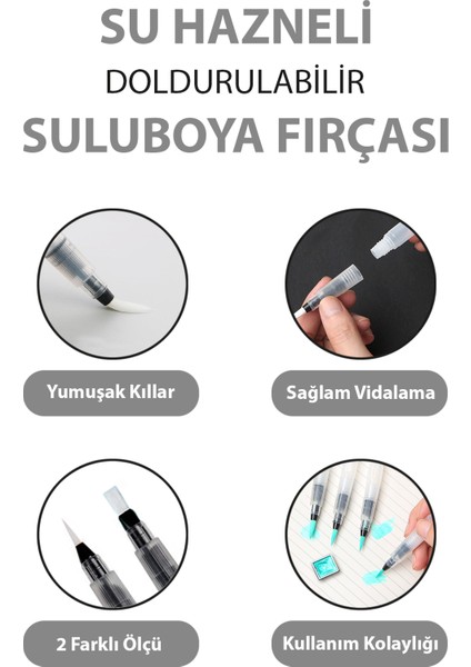 2 Adet Su Hazneli Suluboya Fırçası | Doldurulabilir | Ince | Kalın modelleri