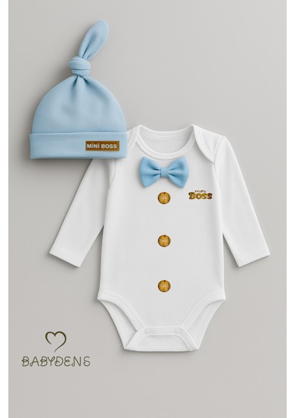 Minik Patron Erkek Bebek Uzun Kollu Çıtçıtlı Body ve Bere Seti Düğme Baskılı, Papyonlu %100 Pamuklu fiyatları