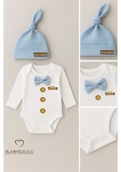 Minik Patron Erkek Bebek Uzun Kollu Çıtçıtlı Body ve Bere Seti Düğme Baskılı, Papyonlu %100 Pamuklu modelleri