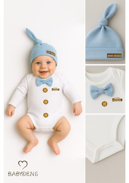 Minik Patron Erkek Bebek Uzun Kollu Çıtçıtlı Body ve Bere Seti Düğme Baskılı, Papyonlu %100 Pamuklu fırsatları