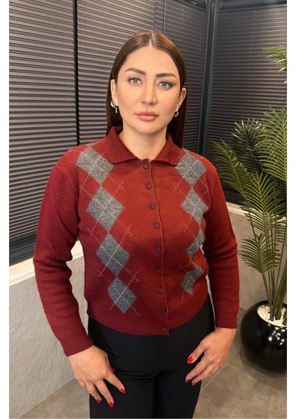Yaka Detaylı Baklava Desenli Bordo Hırka fiyatları