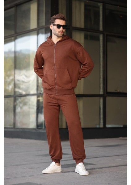 Acı Kahverengi Kapüşonlu Fermuarlı Basic Erkek Eşofman Takımı E7331