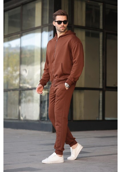 Acı Kahverengi Kapüşonlu Fermuarlı Basic Erkek Eşofman Takımı E7331 fiyatları