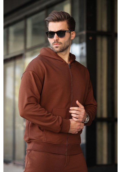 Acı Kahverengi Kapüşonlu Fermuarlı Basic Erkek Eşofman Takımı E7331 modelleri