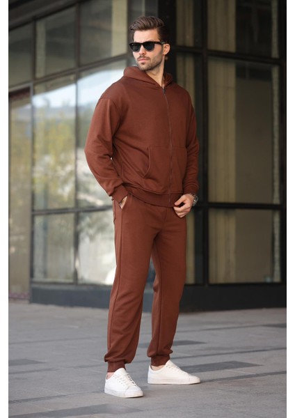 Acı Kahverengi Kapüşonlu Fermuarlı Basic Erkek Eşofman Takımı E7331 fırsatları