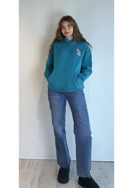 Kadın Kapüşonlu Baskı Detaylı Kanguru Cepli Oversize Sweatshirt fırsatları