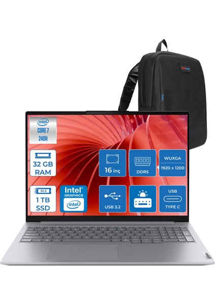 Thinkbook 16 G8 Irl Intel Core 7 240H 32GB Ddr5 1tb SSD Intel Iris Xe Graphics 16" Wuxga IPS 300NITS 60Hz Windows 11 Pro Taşınabilir Bilgisayar 21SH009GTXP10 + Zettaçanta