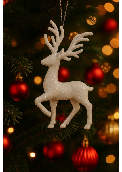 Yılbaşı Çam Ağacı Süsü Ipli Beyaz Geyik Figür 14 cm