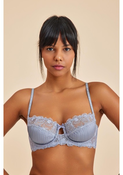Paris Gri Mavi Balenli Dantelli Dolgusuz Balkonet Sütyen