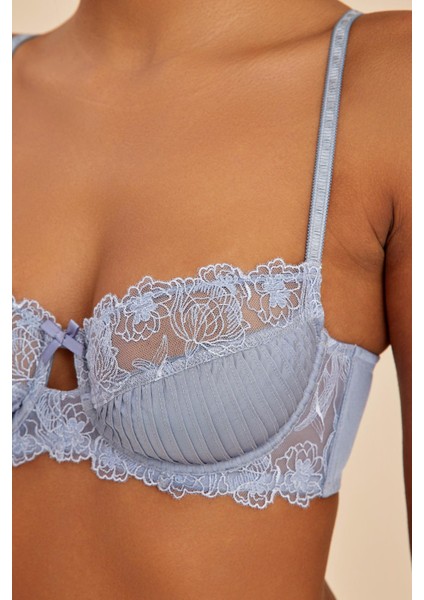 Paris Gri Mavi Balenli Dantelli Dolgusuz Balkonet Sütyen
