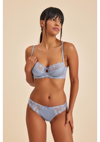 Paris Gri Mavi Balenli Dantelli Dolgusuz Balkonet Sütyen