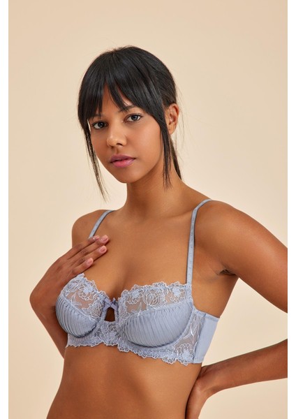 Paris Gri Mavi Balenli Dantelli Dolgusuz Balkonet Sütyen