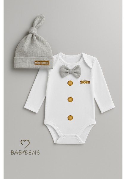 Minik Patron Erkek Bebek Uzun Kollu Çıtçıtlı Body ve Bere Seti Düğme Baskılı, Papyonlu %100 Pamuklu fiyatları