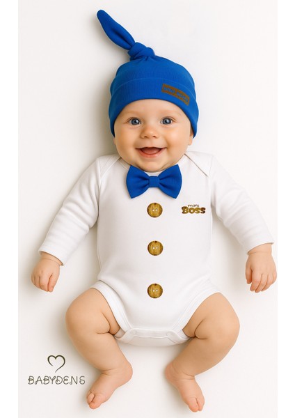 Minik Patron Erkek Bebek Uzun Kollu Çıtçıtlı Body ve Bere Seti Düğme Baskılı, Papyonlu %100 Pamuklu