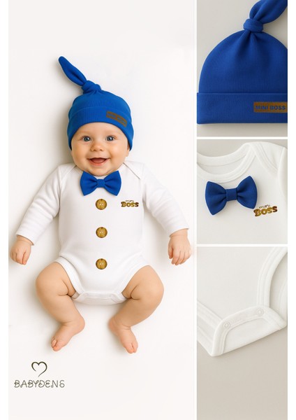 Minik Patron Erkek Bebek Uzun Kollu Çıtçıtlı Body ve Bere Seti Düğme Baskılı, Papyonlu %100 Pamuklu modelleri