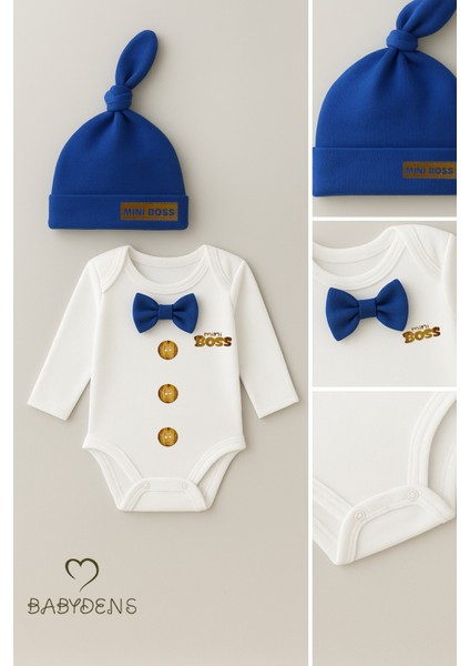 Minik Patron Erkek Bebek Uzun Kollu Çıtçıtlı Body ve Bere Seti Düğme Baskılı, Papyonlu %100 Pamuklu fırsatları