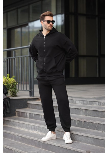 Siyah Kapüşonlu Fermuarlı Basic Erkek Eşofman Takımı E7331