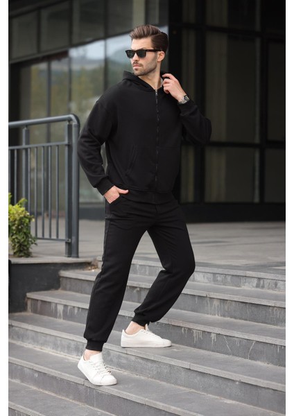 Siyah Kapüşonlu Fermuarlı Basic Erkek Eşofman Takımı E7331 modelleri