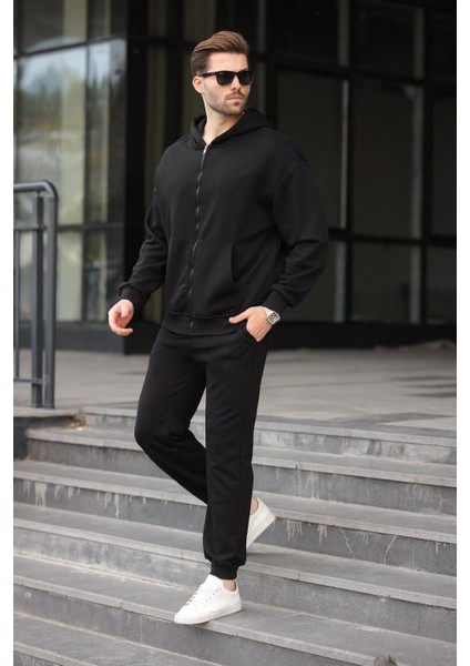 Siyah Kapüşonlu Fermuarlı Basic Erkek Eşofman Takımı E7331 fırsatları