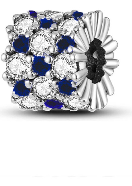 Parıldayan Mavi ve Beyaz Çok Taşlı Silindir Boncuk Gümüş Charm