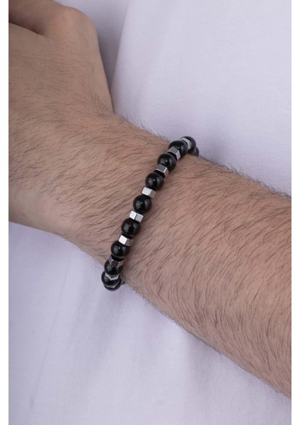 Hematit Geçişli Oniks Taşlı Doğal Taş Erkek Bileklik