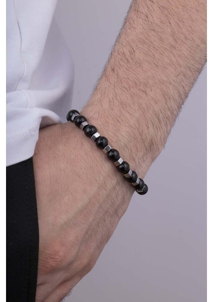 Hematit Geçişli Oniks Taşlı Doğal Taş Erkek Bileklik modelleri