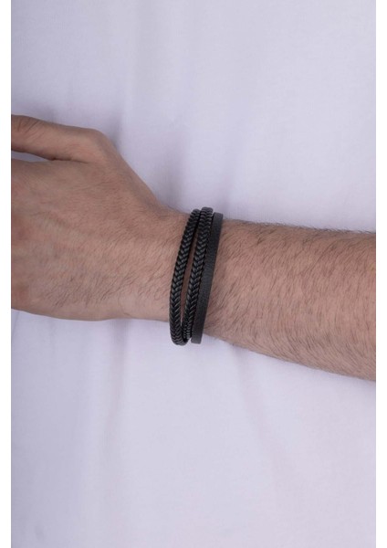 Örgü Model 3 Parçalı Siyah Erkek Deri Bileklik