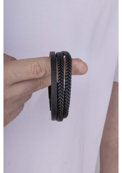 Örgü Model 3 Parçalı Siyah Erkek Deri Bileklik fiyatları