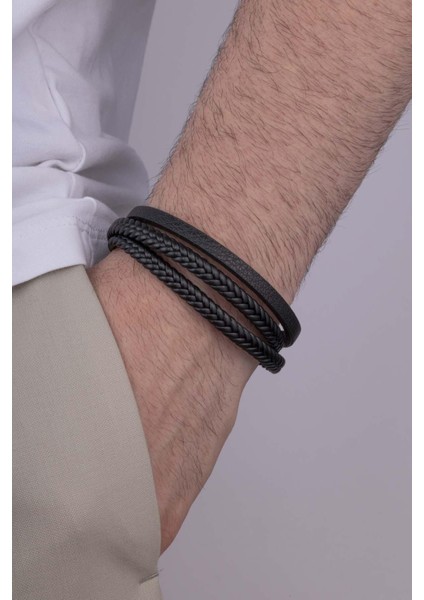 Örgü Model 3 Parçalı Siyah Erkek Deri Bileklik modelleri