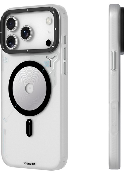 iPhone 17 Pro Max Uyumlu Kılıf M-Safe Şarj Özellikli Disk Desenli Youngkit Disc Battle Kapak Gri modelleri