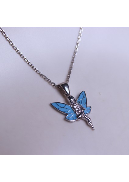 925 Ayar Gümüş Açık Mavi Mineli Zirkon Taşlı Rodaj Kaplama Peri Kızı Kolye