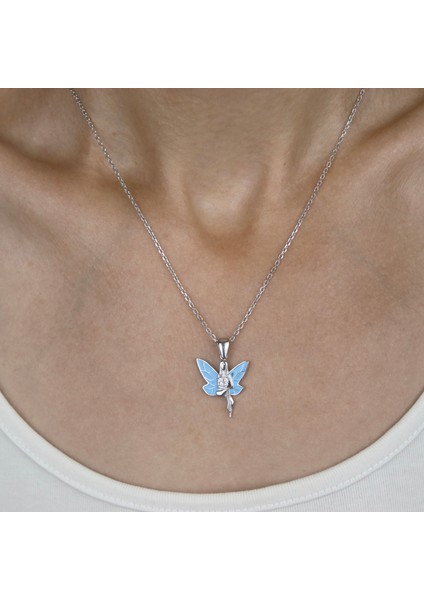 925 Ayar Gümüş Açık Mavi Mineli Zirkon Taşlı Rodaj Kaplama Peri Kızı Kolye modelleri