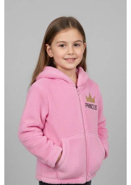 Princess Yazılı Taç Nakışlı Pembe Pelüş Kapüşonlu Kız Çocuk Hırka