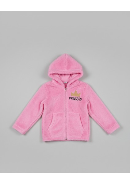 Princess Yazılı Taç Nakışlı Pembe Pelüş Kapüşonlu Kız Çocuk Hırka fiyatları