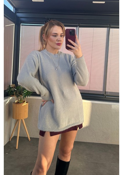 Gri Bisiklet Yaka Yumoş Uzun Kazak modelleri