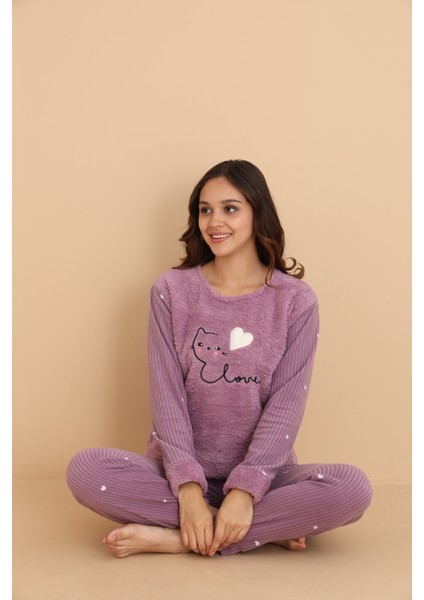 Fwn 04-3309 Peluş Welsoft Polar Kışlık Yumoş Kalpli Kedili Kadın Pijama Takımı indirimleri
