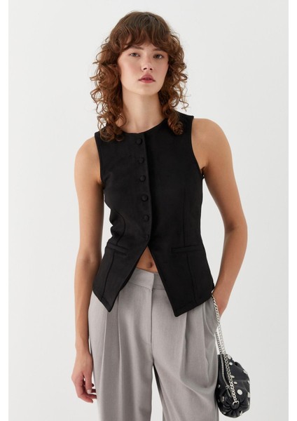 Bağlama Detaylı Süet Yelek Siyah fiyatları