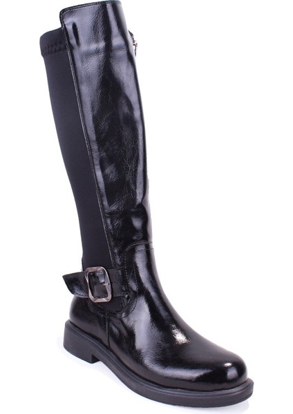 DZA07-8965545 Siyah Kırışık Rugan Streçli Düz Topuklu Kadın Çizme