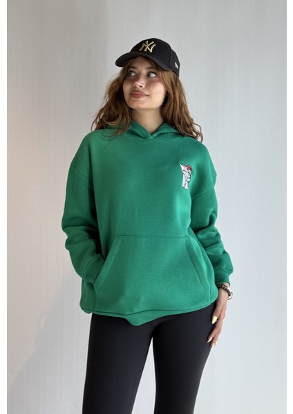 Kadın Kapüşonlu Baskı Detaylı Kanguru Cepli Oversize Sweatshirt