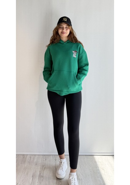 Kadın Kapüşonlu Baskı Detaylı Kanguru Cepli Oversize Sweatshirt fiyatları