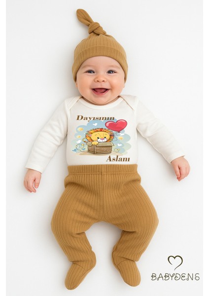 Dayısının Aslanı Baskılı 3’lü Bebek Takımı %100 Pamuklu Şapkalı Set Uzun Kol Çıtçıtlı Zıbın Şapka