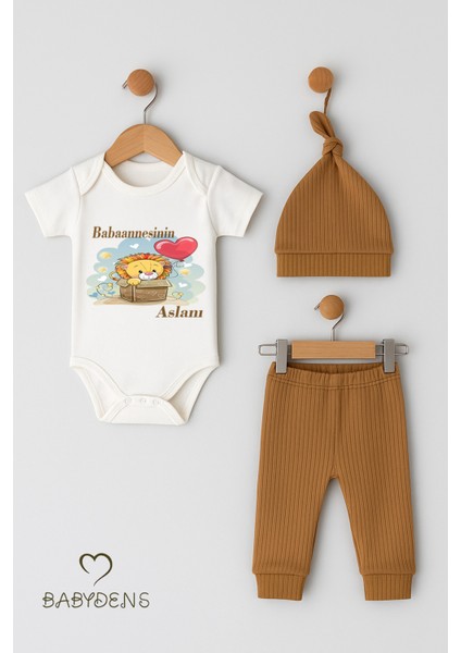 Babaannesinin Aslanı Yazılı 3'lü Bebek Takımı - Çıtçıtlı Body, Ribana Şapka ve Pantolon %100 Pamuk modelleri